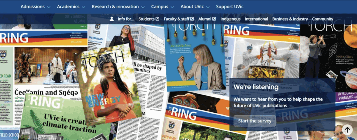website header image crowded by magazines and elements with so many words you can't read the overlaid words.